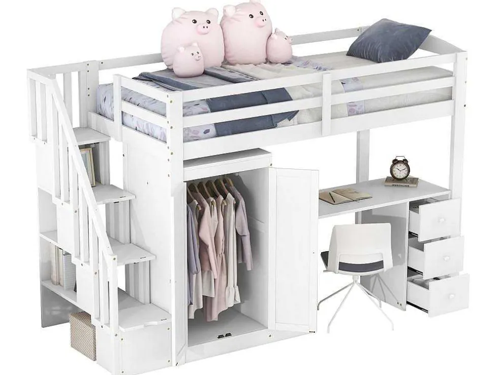 Mezzaninebed 90 X 200 Met Kledingkast En Trap, Bureau En Lades - Grenen + Mdf - Wit
