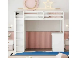 Mezzaninebed 90X200 Cm - Met Opbergmeubel En Bureau - Massief Hout - Wit