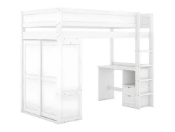 Mezzaninebed 90X200Cm - Multifunctioneel Kinderbed - Voorzien Van Kledingkast En Bureau - In Massief Grenen - Wit
