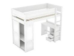 Mezzaninebed 90X200Cm - Multifunctioneel Kinderbed - Voorzien Van Kledingkast En Bureau - In Massief Grenen - Wit
