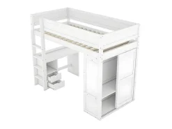 Mezzaninebed 90X200Cm - Multifunctioneel Kinderbed - Voorzien Van Kledingkast En Bureau - In Massief Grenen - Wit