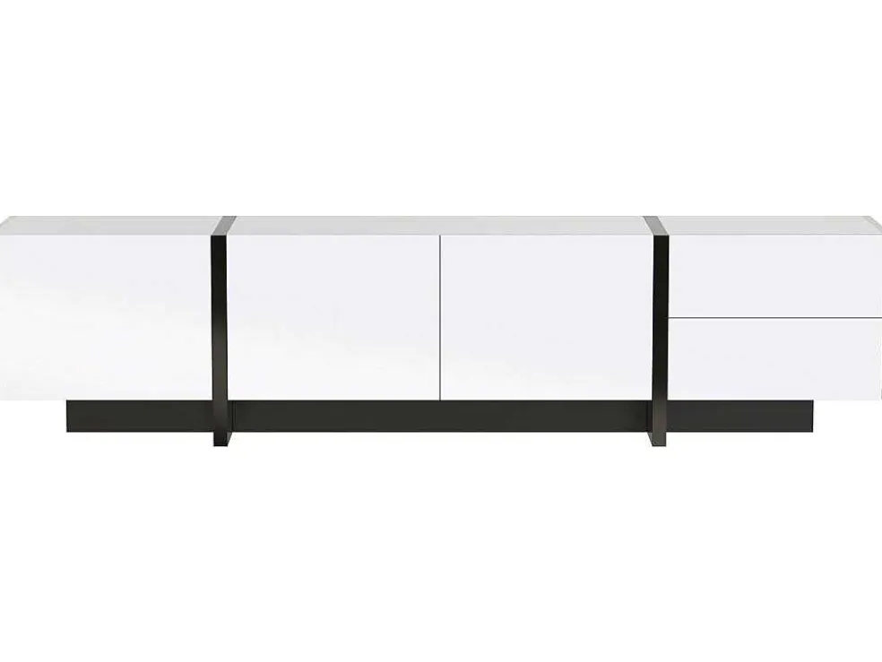 Modern Tv-Meubel 190Cm Met 3 Deuren En 2 Lades - Glanzend Wit & Zwart