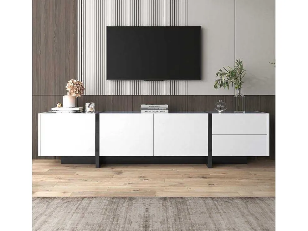 Modern Tv-Meubel 190Cm Met 3 Deuren En 2 Lades - Glanzend Wit & Zwart