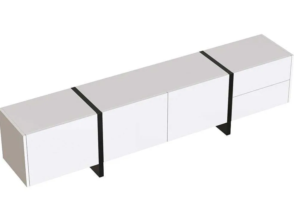 Modern Tv-Meubel 190Cm Met 3 Deuren En 2 Lades - Glanzend Wit & Zwart