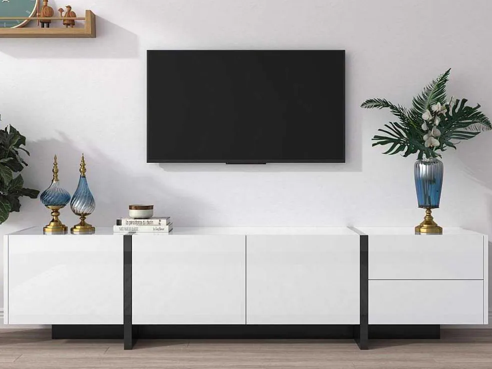 Modern Tv-Meubel 190Cm Met 3 Deuren En 2 Lades - Glanzend Wit & Zwart