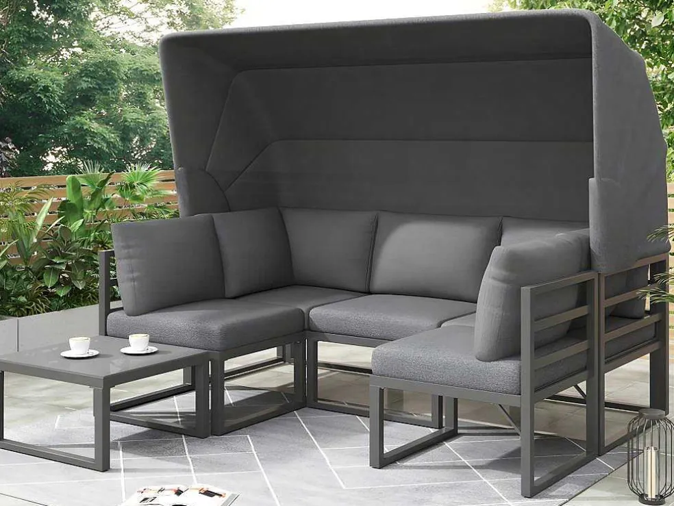 Multifunctioneel Ijzeren Tuinmeubel - Loungebank Met Verstelbare Luifel - 5 Zitplaatsen En 1 Salontafel - Grijs