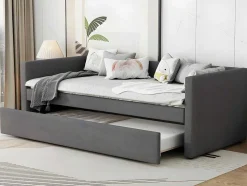 Multifunctioneel Onderschuifbed Met Opklapbed - 90X200 Cm - Linnen Stof - Grijs