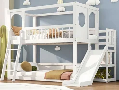 Multifunctioneel Stapelbed Voor Kinderen - Met Ladder En Glijbaan - 2X90X200Cm - Massief Hout - Wit