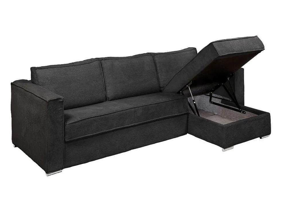 Omkeerbare Express-Hoekslaapbank Van Antracietgrijs Ribfluweel - Bed Met Brede Latten 140 Cm - Matras 14 Cm Loreto