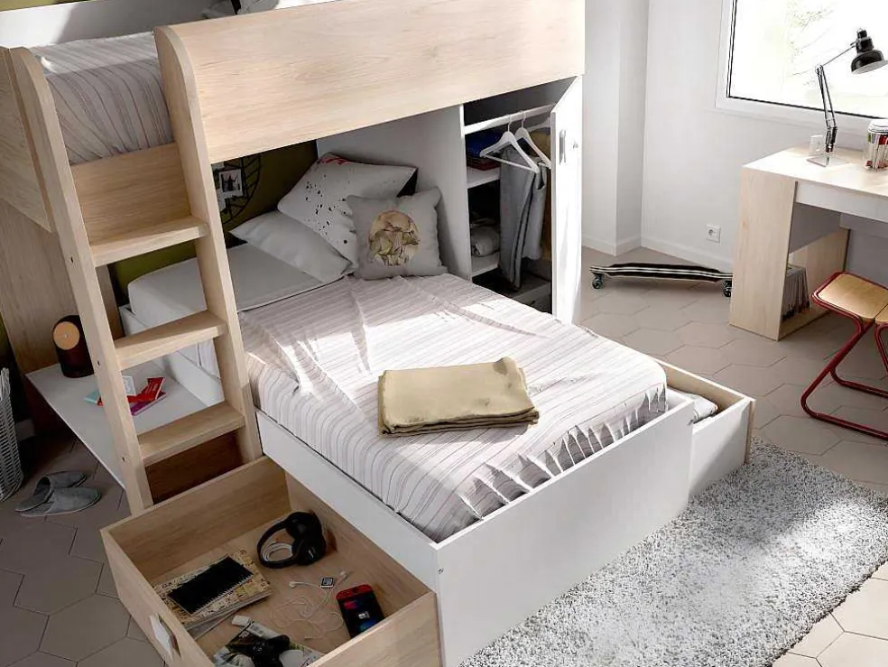 Omkeerbare Hoekstapelbed Ricardo - 2 X 90X190Cm - Opbergruimte - Grijs En Wit + Matras