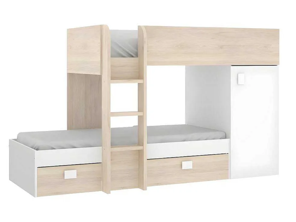 Omkeerbare Hoekstapelbed Ricardo - 2 X 90X190Cm - Opbergruimte - Grijs En Wit + Matras