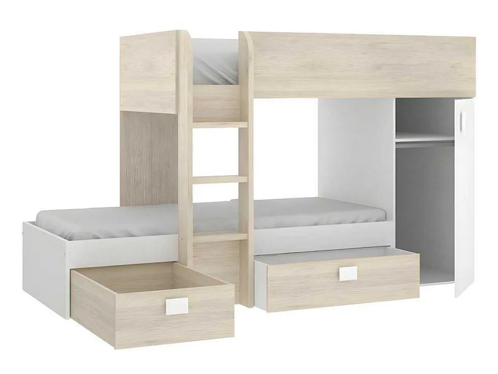 Omkeerbare Hoekstapelbed Ricardo - 2 X 90X190Cm - Opbergruimte - Eiken En Wit