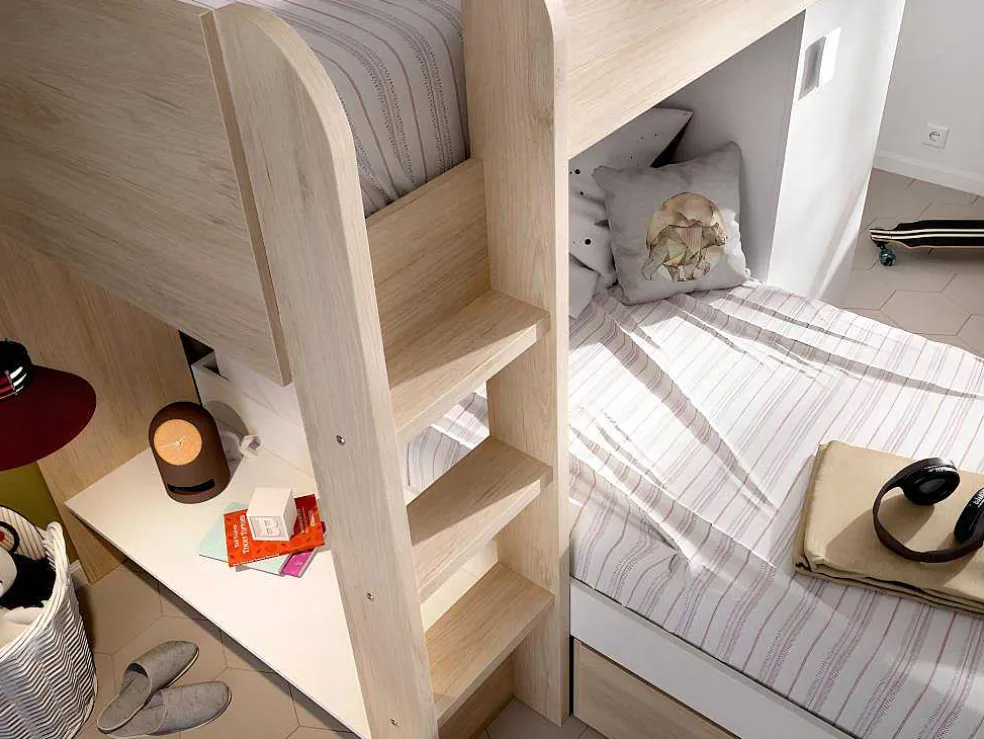 Omkeerbare Hoekstapelbed Ricardo - 2 X 90X190Cm - Opbergruimte - Eiken En Wit