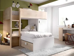 Omkeerbare Hoekstapelbed Ricardo - 2 X 90X190Cm - Opbergruimte - Eiken En Wit