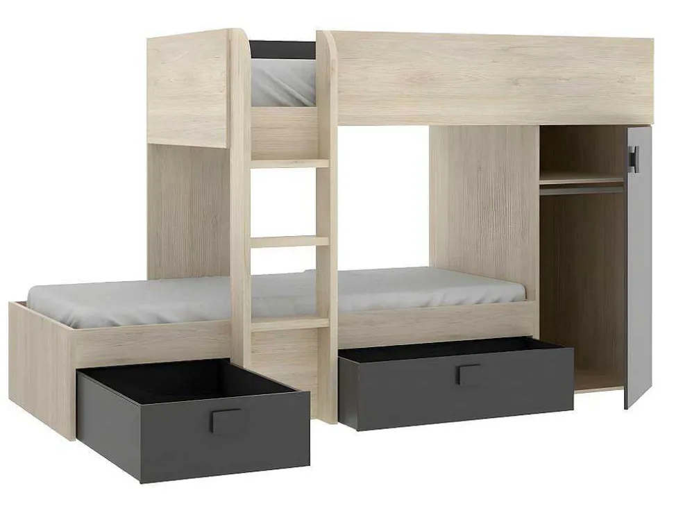 Omkeerbare Hoekstapelbed Ricardo - 2 X 90X190Cm - Opbergruimte - Grijs En Antraciet