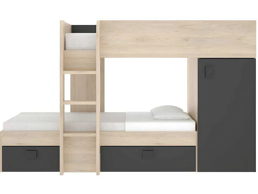 Omkeerbare Hoekstapelbed Ricardo - 2 X 90X190Cm - Opbergruimte - Grijs En Antraciet