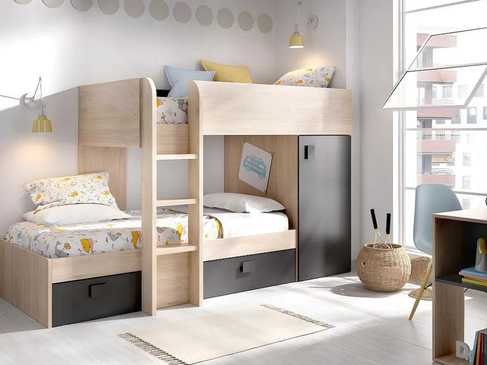 Omkeerbare Hoekstapelbed Ricardo - 2 X 90X190Cm - Opbergruimte - Grijs En Antraciet