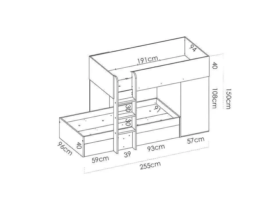 Omkeerbare Hoekstapelbed Ricardo - 2 X 90X190Cm - Opbergruimte - Grijs En Antraciet