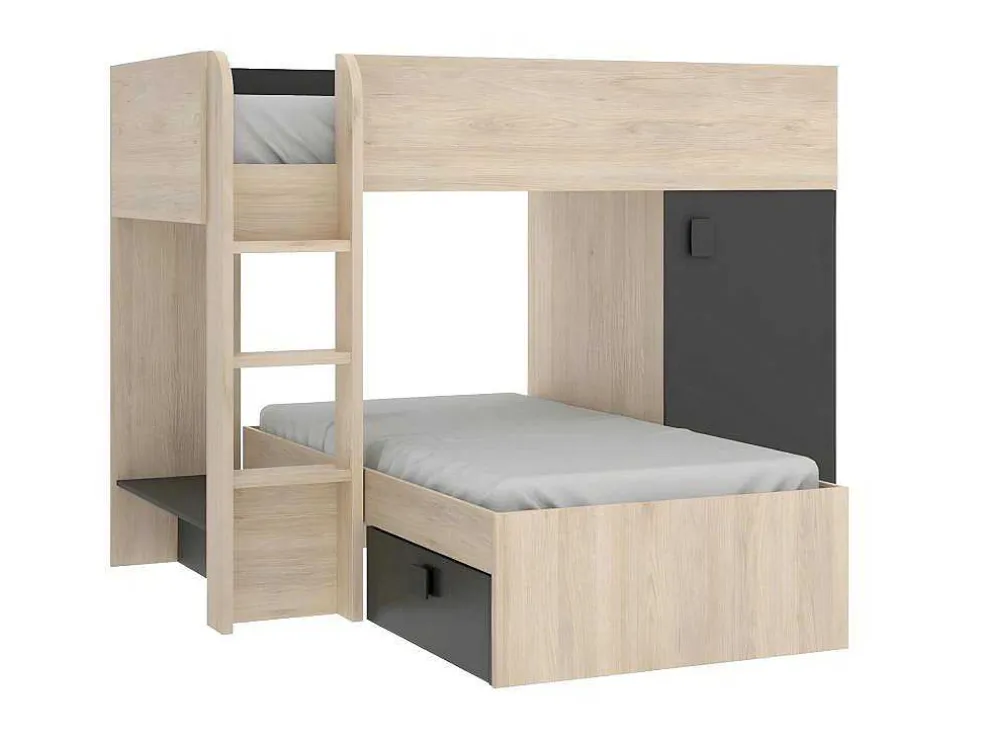 Omkeerbare Hoekstapelbed Ricardo - 2 X 90X190Cm - Opbergruimte - Grijs En Antraciet