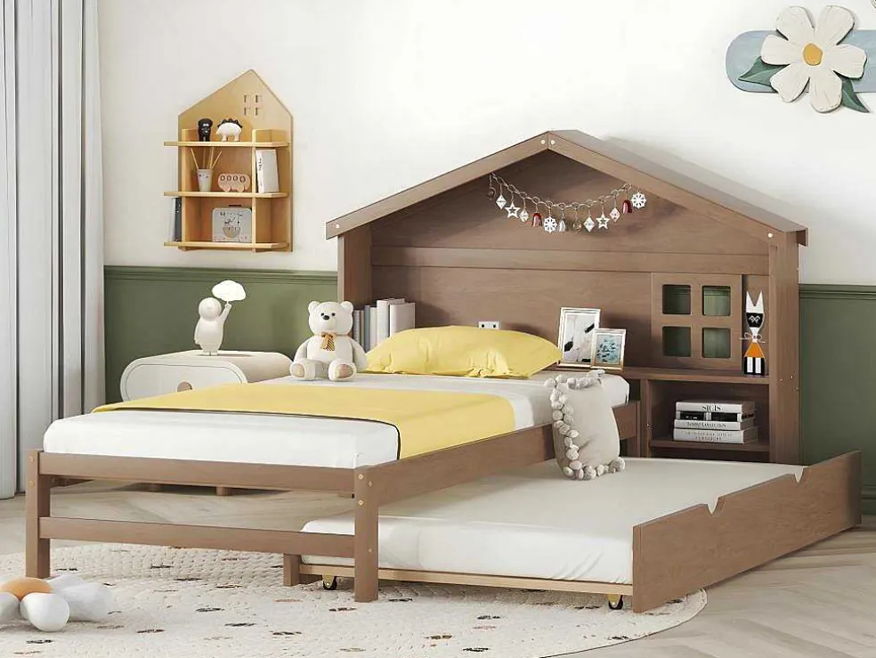 Onderschuifbed Voor Kinderen - 90X200Cm - Hoofdeinde In Huisvorm - Massief Hout - Bruin