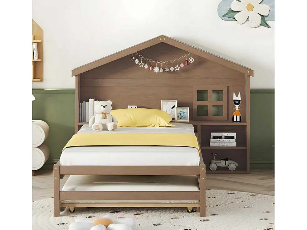 Onderschuifbed Voor Kinderen - 90X200Cm - Hoofdeinde In Huisvorm - Massief Hout - Bruin