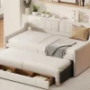 Onderschuifbed 90X200Cm + 90X190Cm - Gestoffeerde Slaapbank Met Lades - Katoenlinnenstof - Beige
