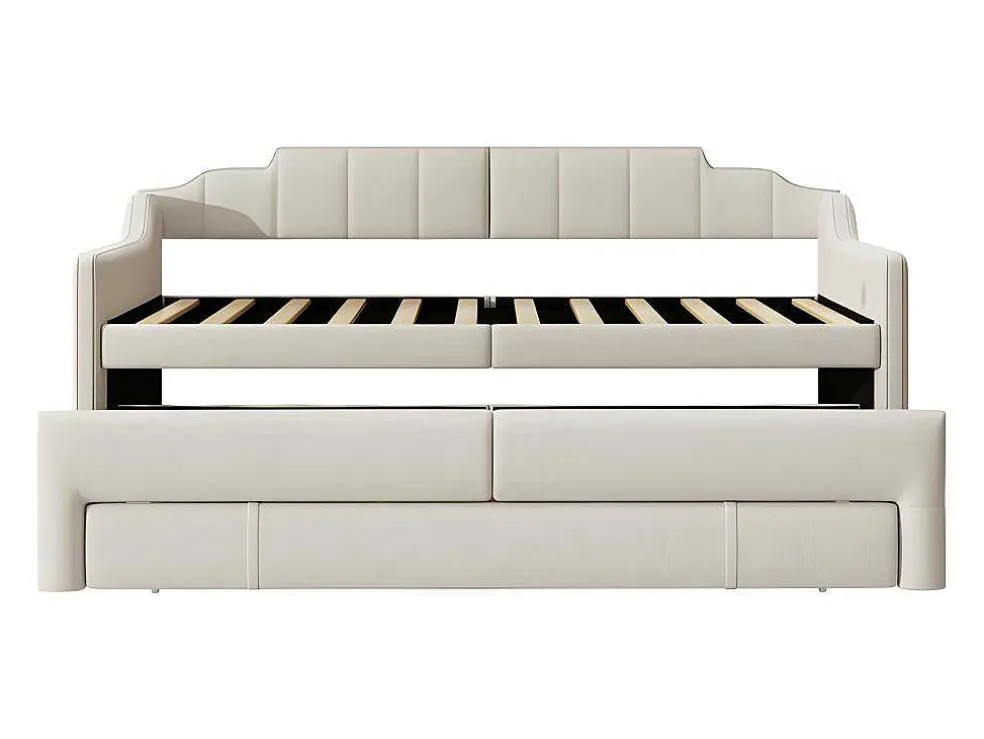 Onderschuifbed 90X200Cm + 90X190Cm - Gestoffeerde Slaapbank Met Lades - Katoenlinnenstof - Beige