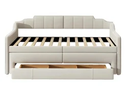 Onderschuifbed 90X200Cm + 90X190Cm - Gestoffeerde Slaapbank Met Lades - Katoenlinnenstof - Beige