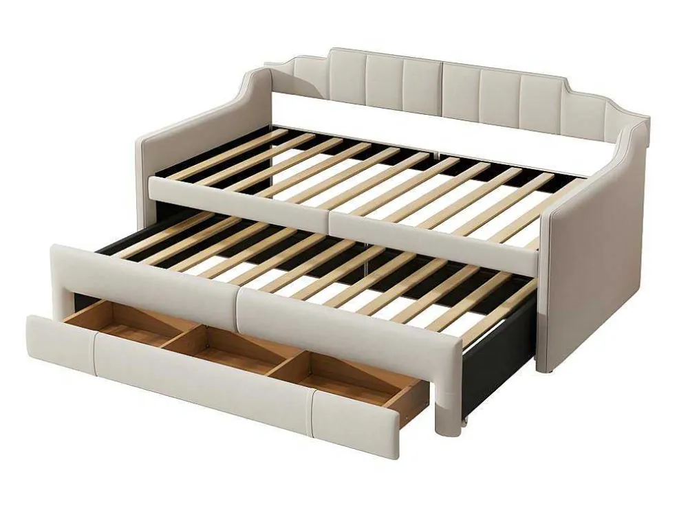 Onderschuifbed 90X200Cm + 90X190Cm - Gestoffeerde Slaapbank Met Lades - Katoenlinnenstof - Beige