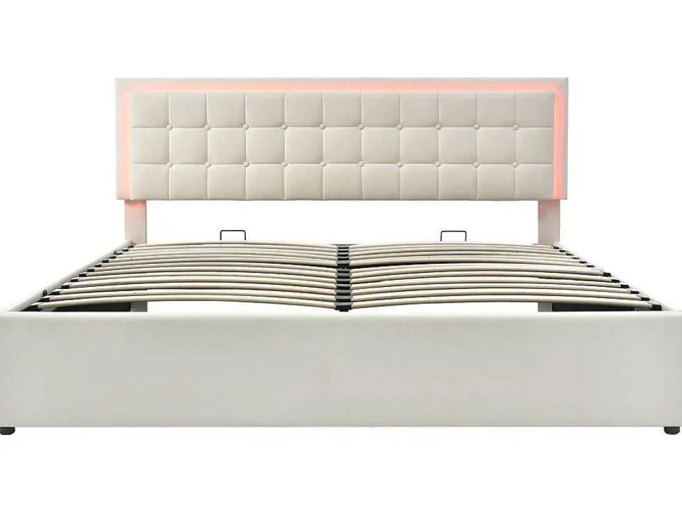 Opbergbed 180 X 200 Cm - Pu Leer - Led'S - Lattenbodem - Wit