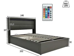 Opbergbed 140X200Cm In Kunstleer Met Led + Lattenbodem - Grijs