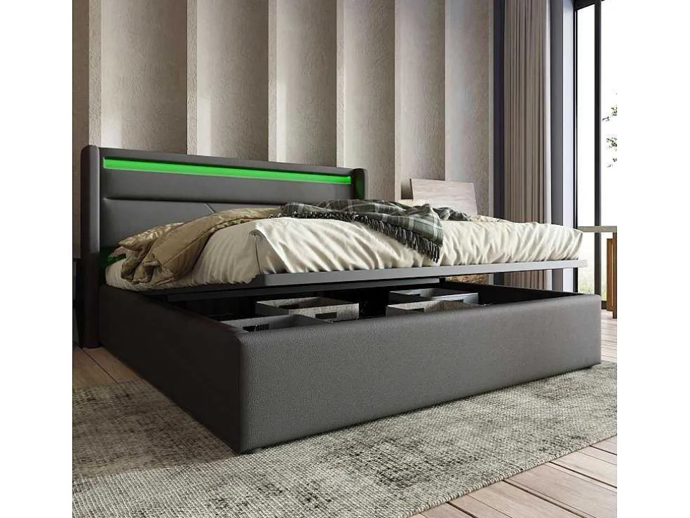 Opbergbed 140X200Cm In Kunstleer Met Led + Lattenbodem - Grijs