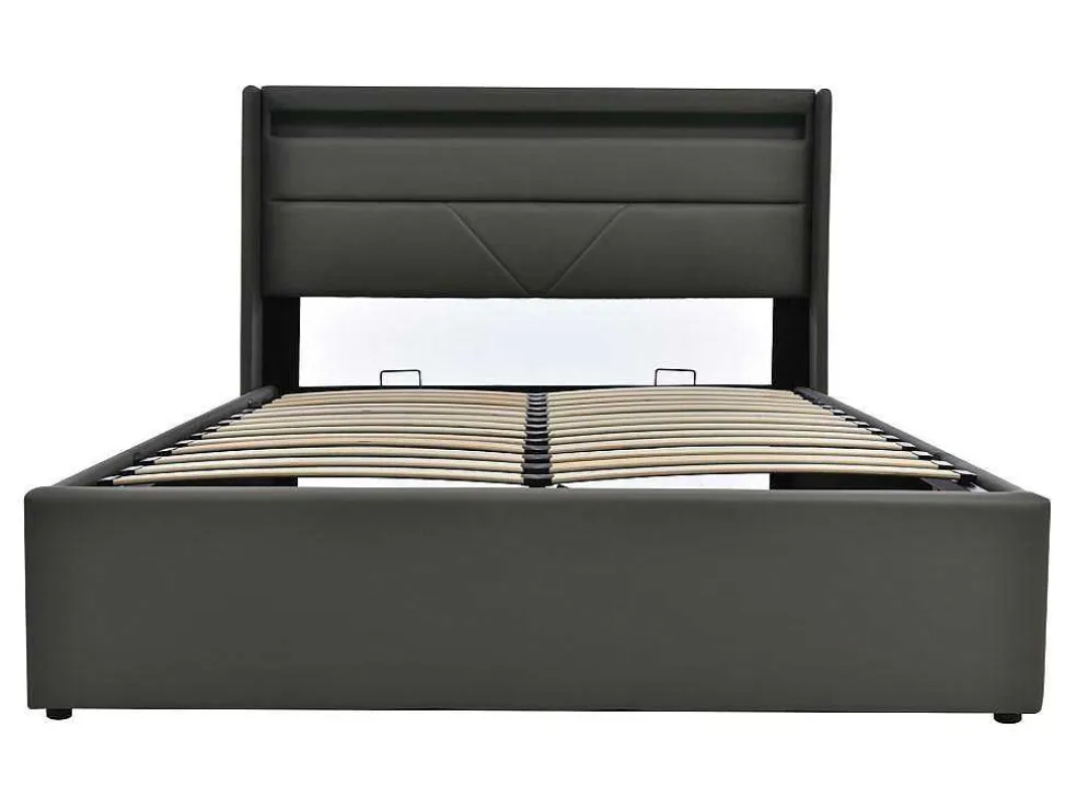 Opbergbed 140X200Cm In Kunstleer Met Led + Lattenbodem - Grijs