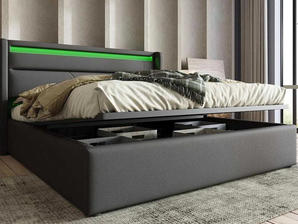 Opbergbed 140X200Cm In Kunstleer Met Led + Lattenbodem - Grijs