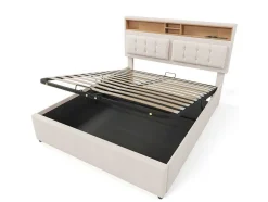 Opbergbed 160X200Cm In Linnenstof Met Usb-Poort - Verstelbaar Hoofdeinde En Lattenbodem - Beige