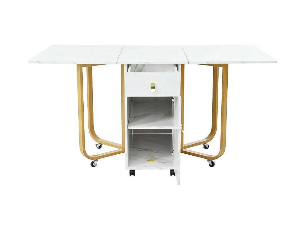 Opklapbare Eettafel Op Wielen - Met Opbergruimte - Wit & Goud