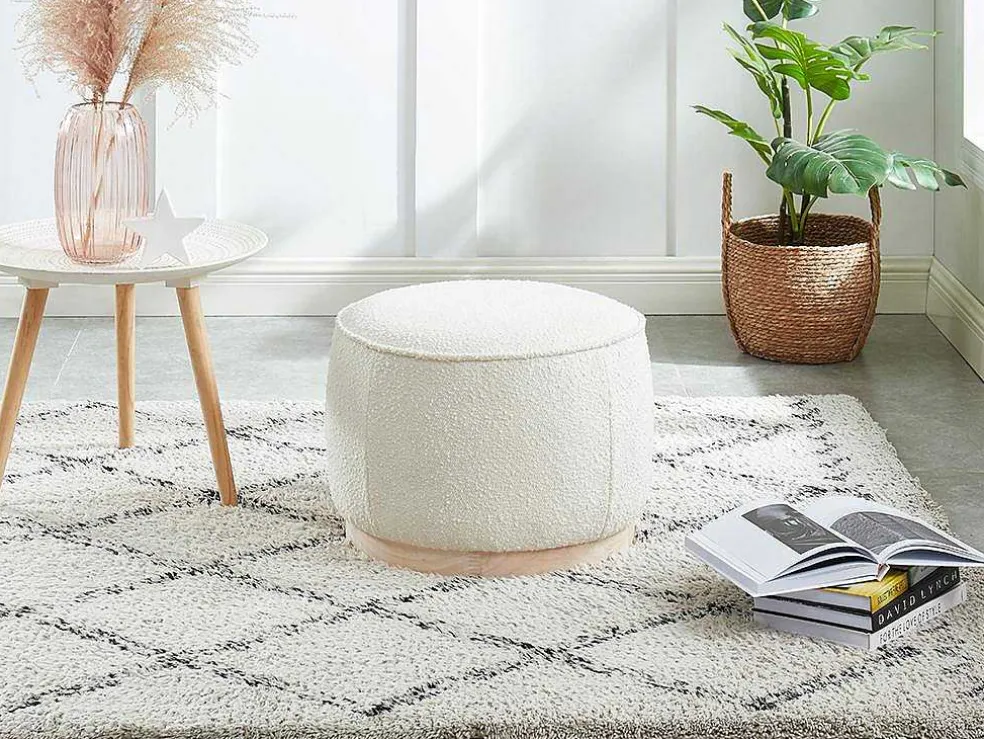 Poef Van Boucle Stof Met Voet In Lichtkleurig Hout - Miloden