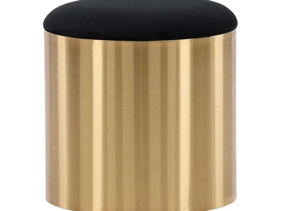 Puff Poef, Hocker O45Cm Velours Zwart, Messing.