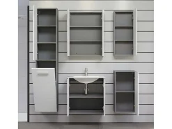 Riva Badkamerkast Wandophanging, 1 Deur, 1 Klepdeur, Wit Hoogglans, Grijs.
