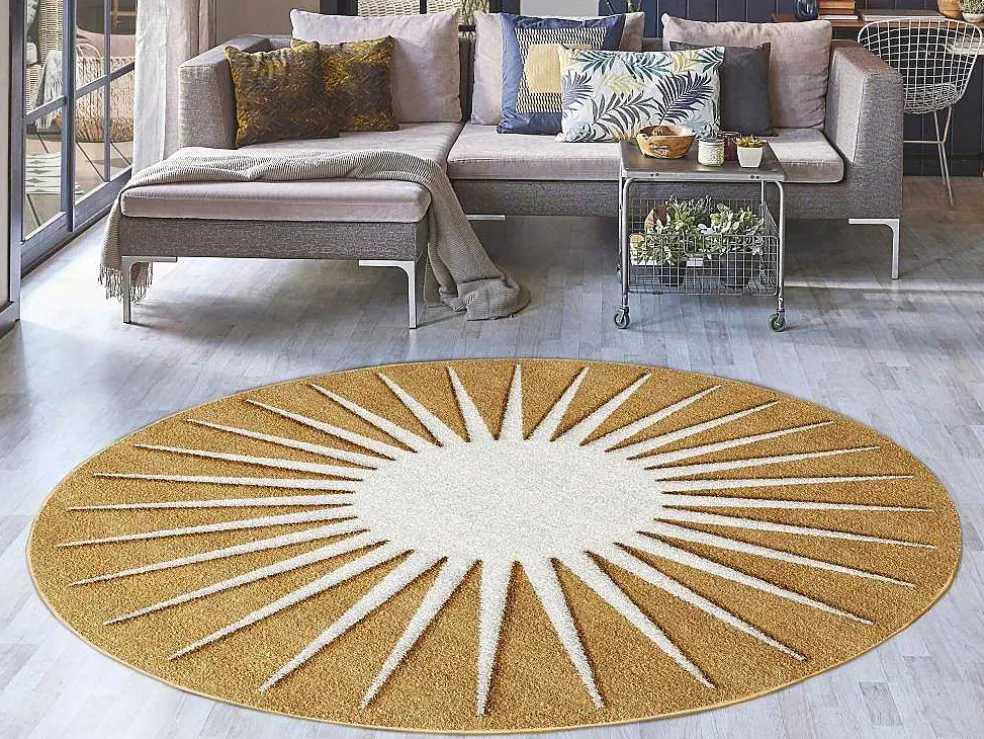 Rond Tapijt Zon Met Relief - D200 Cm - Mosterdgeel En Wit - Luminio