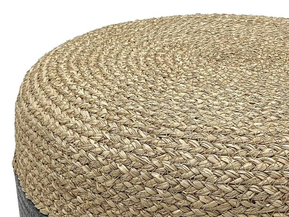 Ronde Poef In Licht En Grijs, Natuurlijk Rotan Lomango