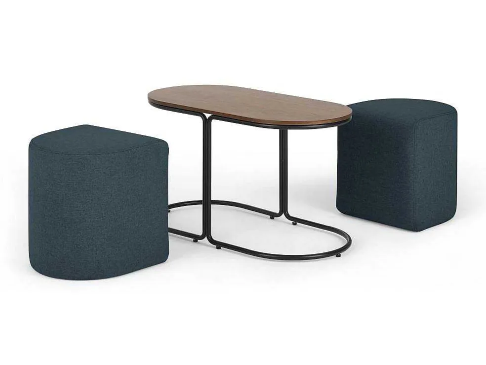 Salontafel + 2 Poefs Van Stof - Naturel En Blauw - Adar
