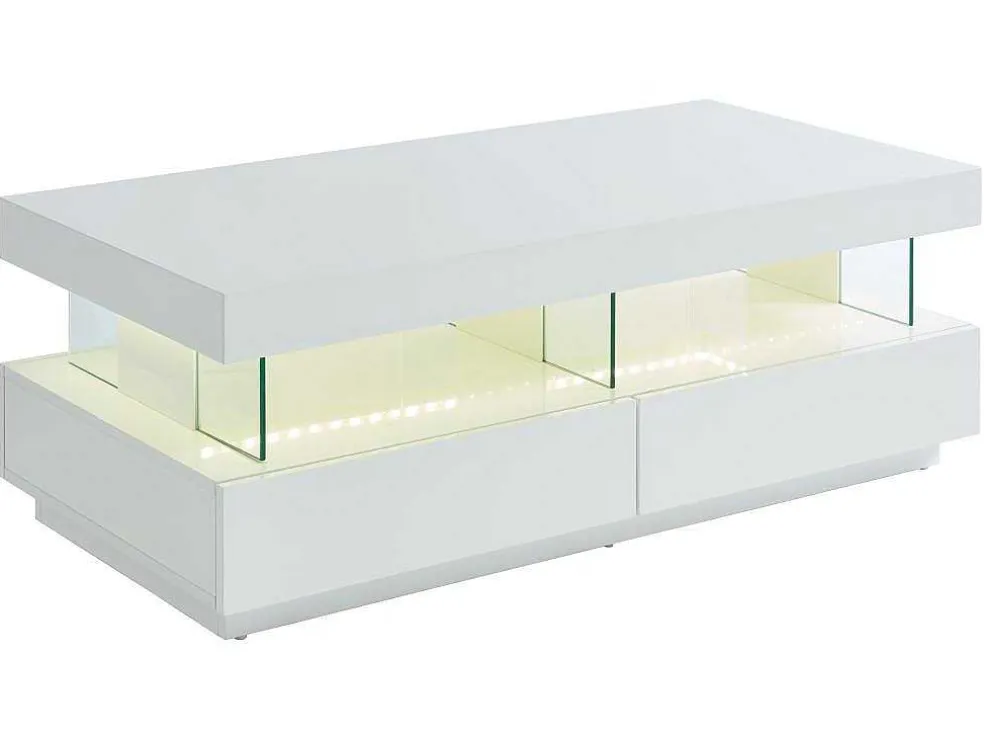 Salontafel Fabio - Wit Gelakt Mdf - Leds - 2 Lades En 2 Nissen