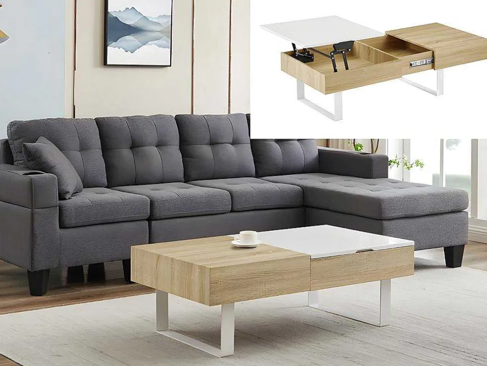 Salontafel Met Afneembaar Tafelblad En 1 Lade - Mdf En Staal - Naturel En Wit - Balun