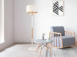 Scandinavische Staande Lamp Van Metaal, Linnen En Hevea - D44 X H164 Cm - Naturel En Wit - Addis