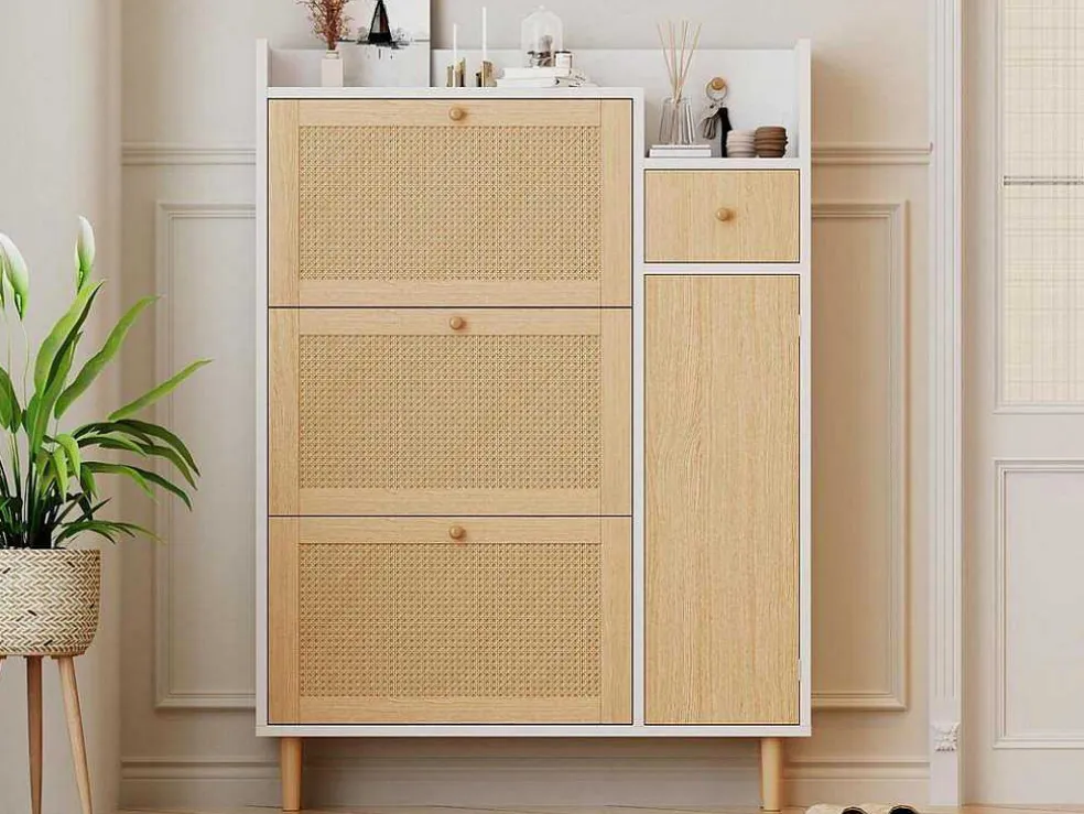 Schoenenkast In Hout En Rotan - 3 Klepdeuren En 1 Lade - Verstelbare Plank - Naturel & Wit