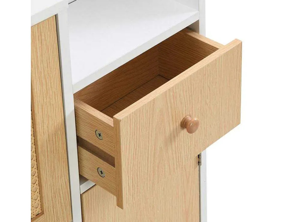 Schoenenkast In Hout En Rotan - 3 Klepdeuren En 1 Lade - Verstelbare Plank - Naturel & Wit