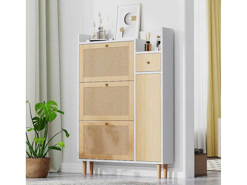 Schoenenkast Met 3 Klepdeuren En 1 Lade Afmeting 90L X 17B X 125H Cm Houtlook Rotan Rieteffect Kleur Wit + Eiken