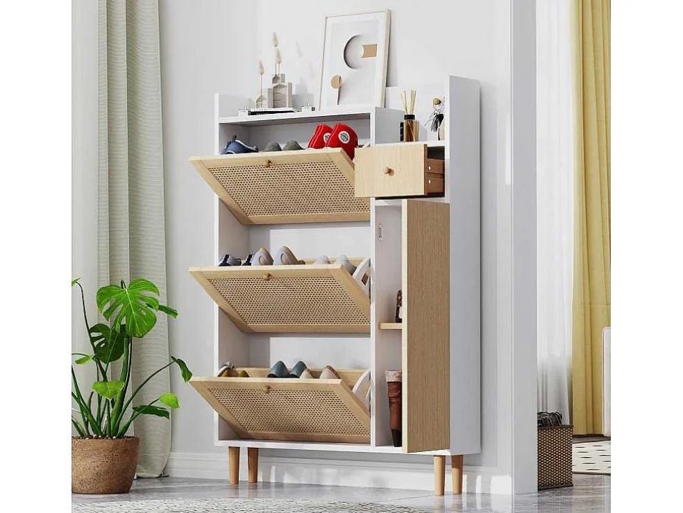 Schoenenkast Met 3 Klepdeuren En 1 Lade Afmeting 90L X 17B X 125H Cm Houtlook Rotan Rieteffect Kleur Wit + Eiken