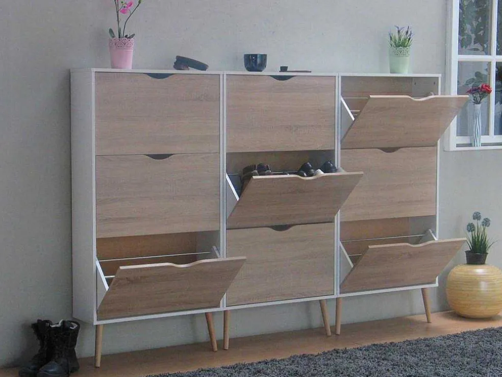 Schoenenkasten Napoli (Set Van Drie) Met 3 Lades Wit / Eiken.
